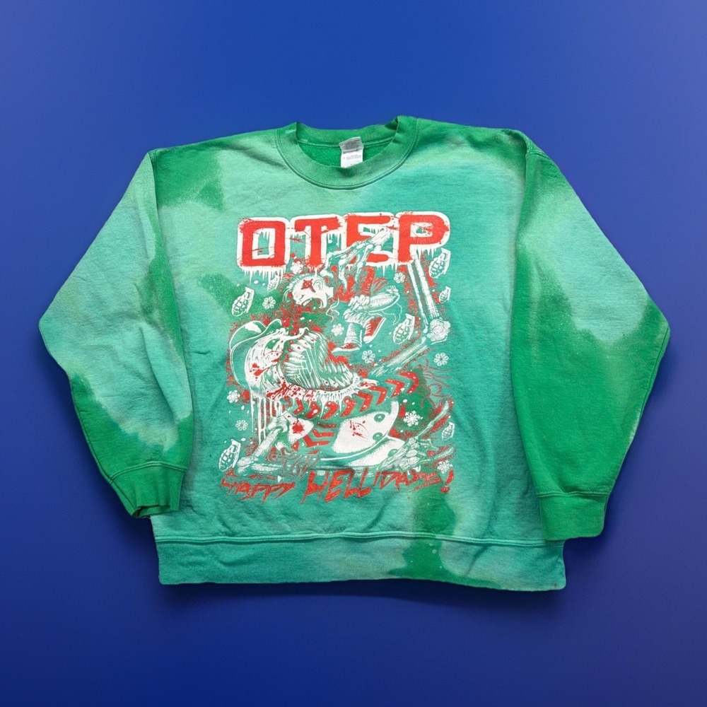 VTG OTEP Crewneck Sweatshirt Green Metal Happy Hellidays Mens Large Bleach Stain